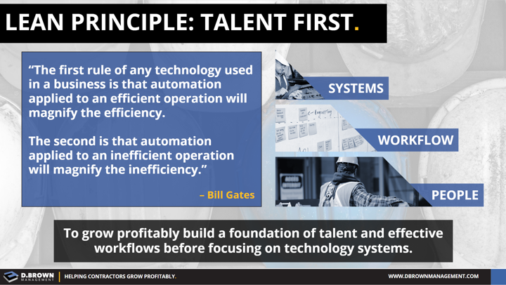 Lean Principle: Talent First. To grow profitably build a foundation of talent and effective workflows before focusing on technology systems.